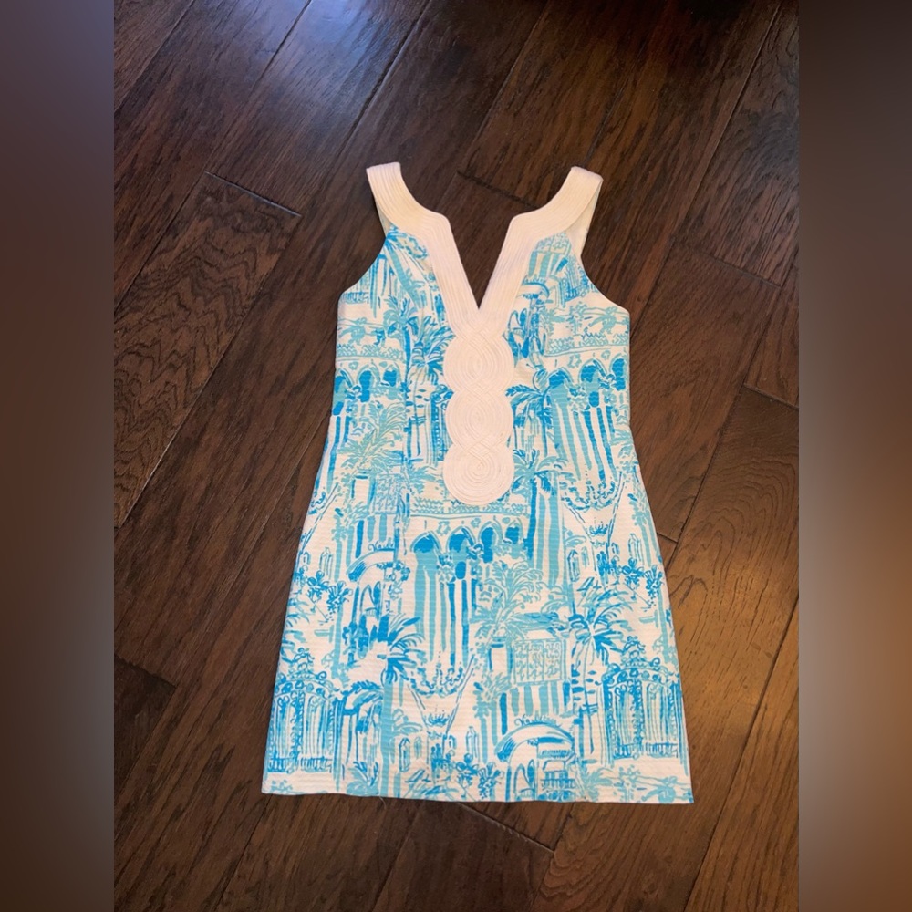 Lilly Pulitzer White Aqua Blue Cord Embelished 100% Cotton Dress Lined Sz 6 - Picture 3 of 6